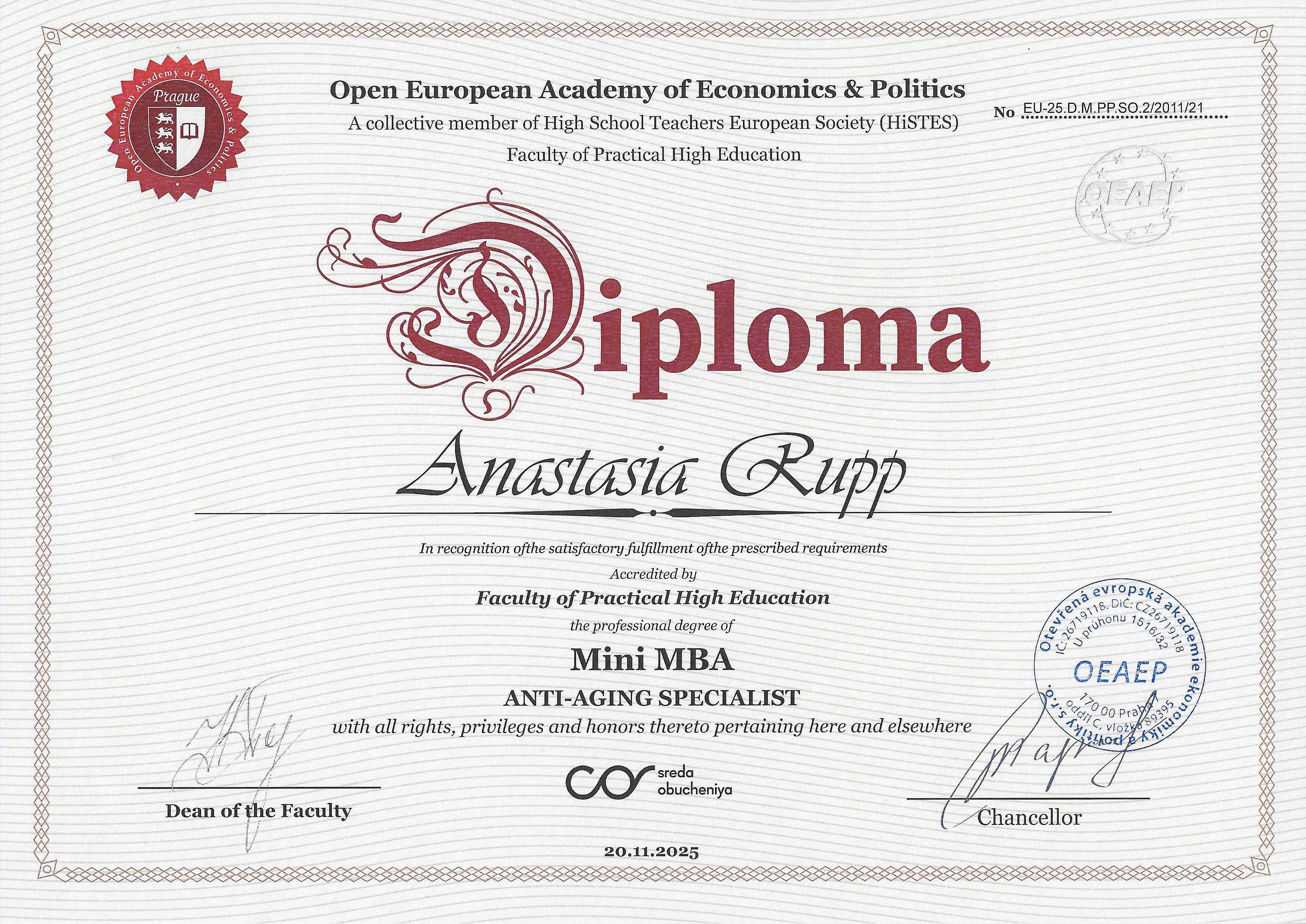 Open European Academy of Economics and Politics Anti-Aging Specialist Mini MBA